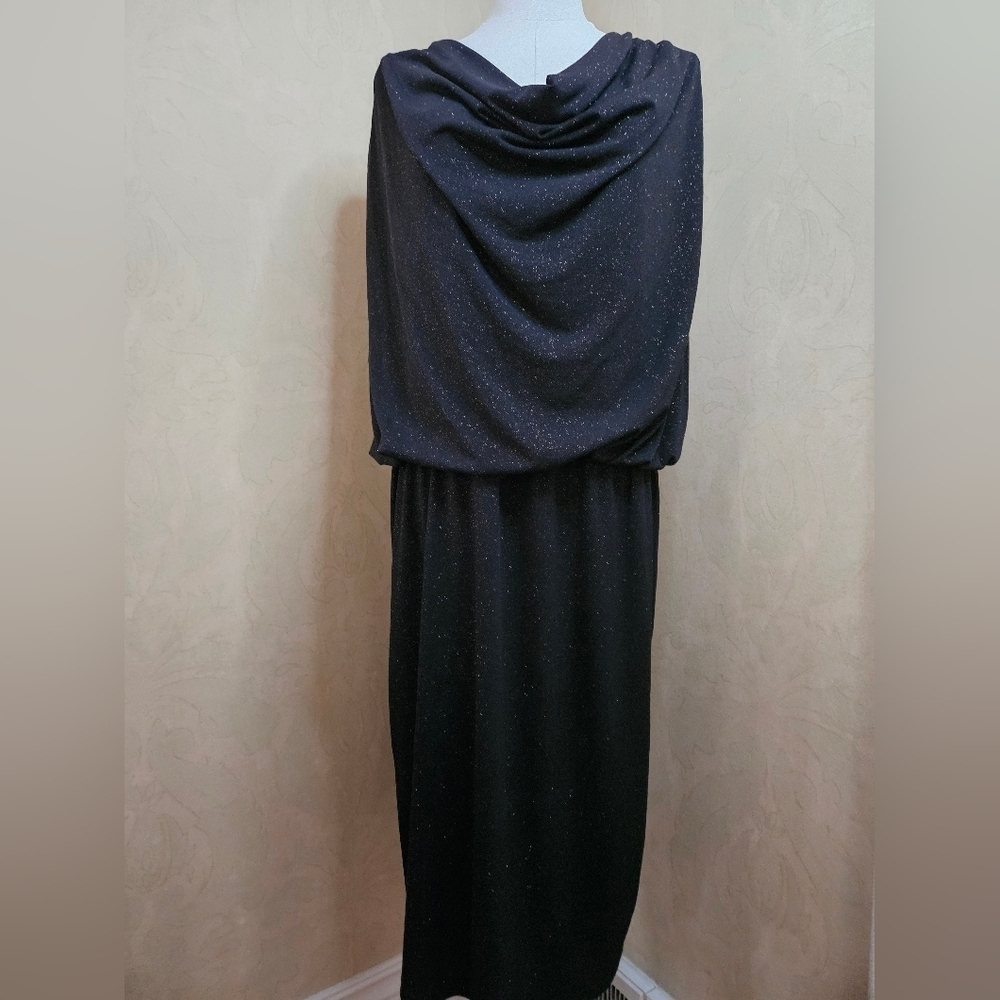Ellen Tracy Black gold glitter Stretch Sleeveless Midi Dress-Size Large